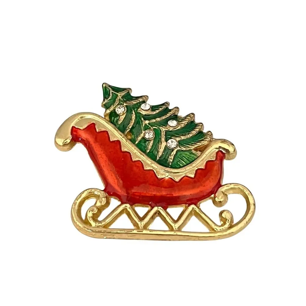 Vintage 1980s Christmas Sleigh Brooch Enamel Rhinestone Gold Tone - 1I